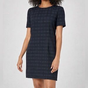 🆕 Tommy Hilfiger Navy Textured Shift Dress Size 8 Gold Thread Plaid Classic Chic